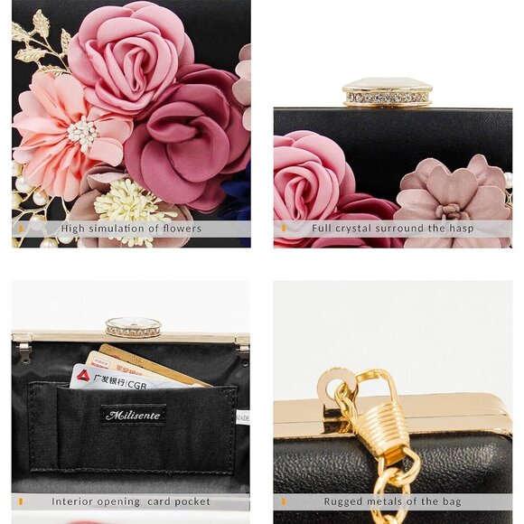 Women\'s Flower Evening Clutch Purse Floral Satin Leather Wedding Party Bag